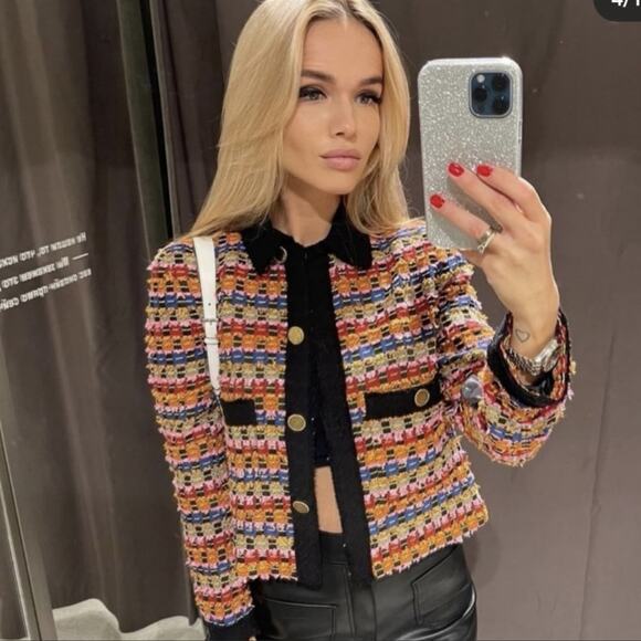 Zara Blogger Limited Edition Textured Tweed Multi Color Blazer Jacket. - Picture 7 of 16